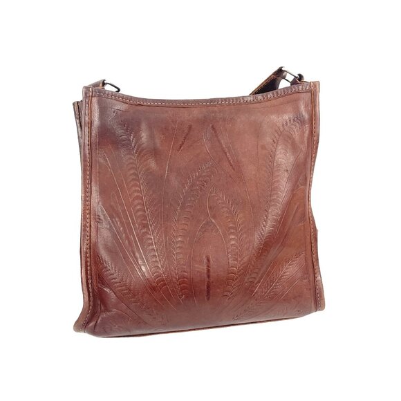 Handcrafted Brown White  Hand Tooled Leather Shoulder Bag Vintage - Picture 14 of 14